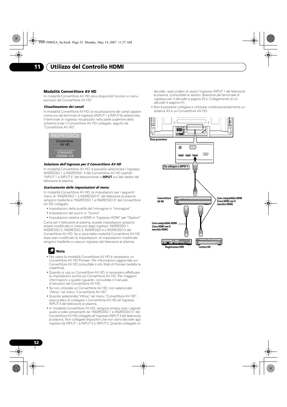 Utilizzo del controllo hdmi 11, Ingresso3 | Pioneer PDP-4280XA User Manual | Page 232 / 364