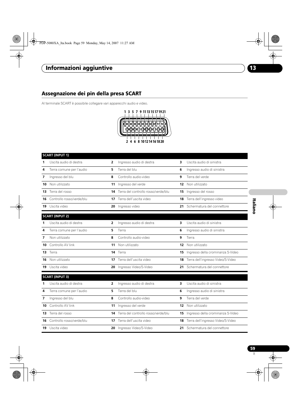 Informazioni aggiuntive 13, Assegnazione dei pin della presa scart | Pioneer PDP-4280XA User Manual | Page 239 / 364