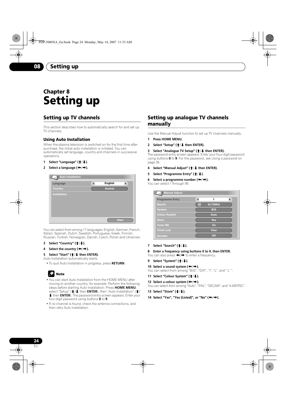 Setting up, Setting up 08, Chapter 8 | Setting up tv channels, Setting up analogue tv channels manually | Pioneer PDP-4280XA User Manual | Page 24 / 364