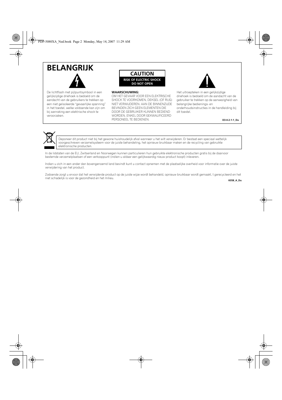 Belangrijk, Caution | Pioneer PDP-4280XA User Manual | Page 242 / 364