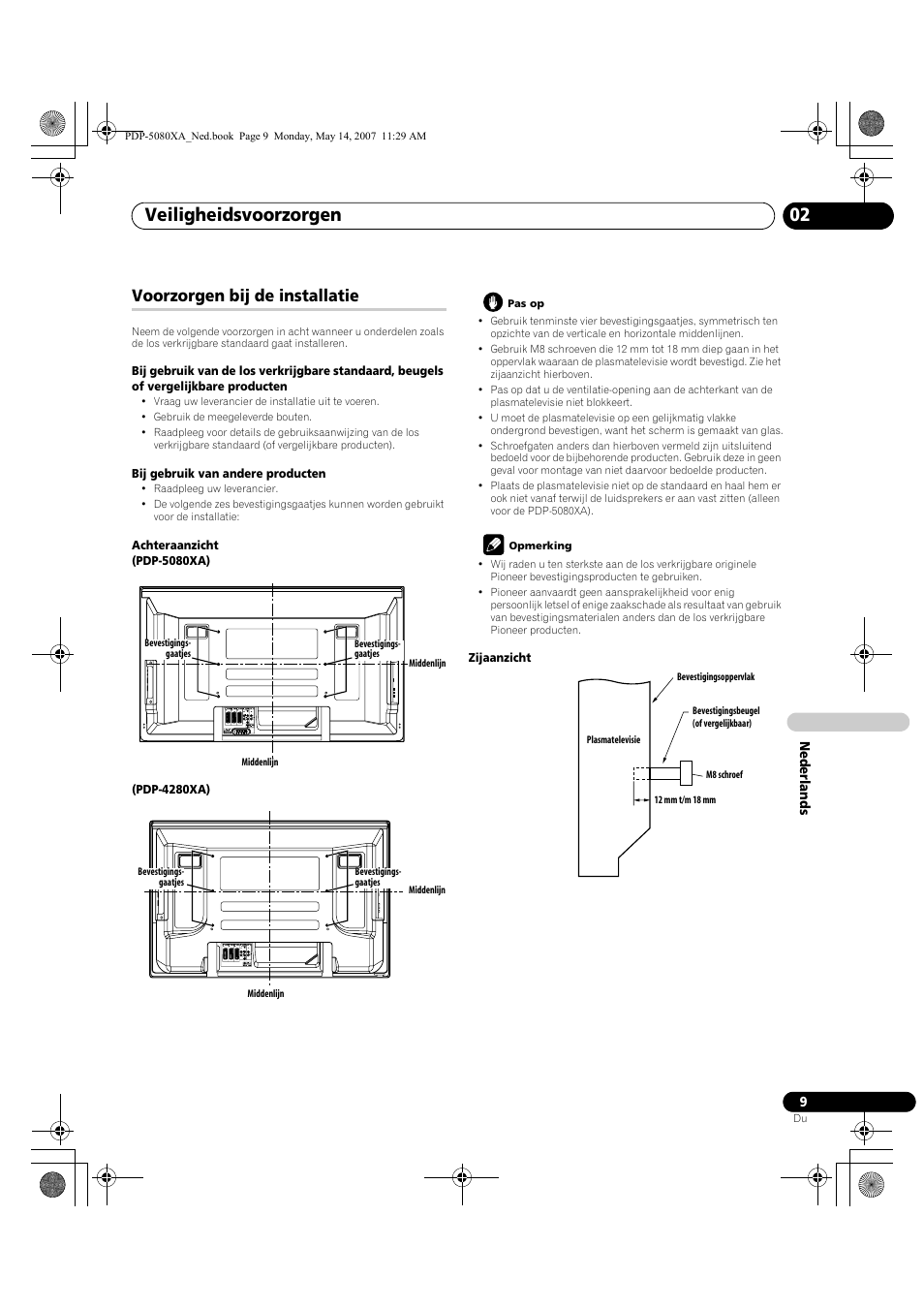 Veiligheidsvoorzorgen 02, Voorzorgen bij de installatie | Pioneer PDP-4280XA User Manual | Page 249 / 364