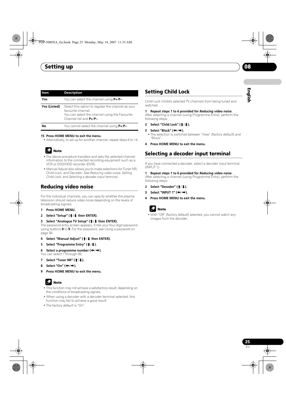 Setting up 08, Reducing video noise, Setting child lock | Selecting a decoder input terminal | Pioneer PDP-4280XA User Manual | Page 25 / 364