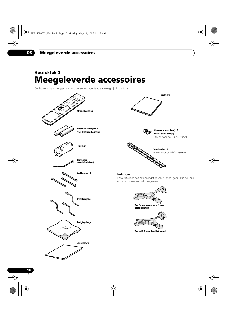 Meegeleverde accessoires, Meegeleverde accessoires 03, Hoofdstuk 3 | Pioneer PDP-4280XA User Manual | Page 250 / 364