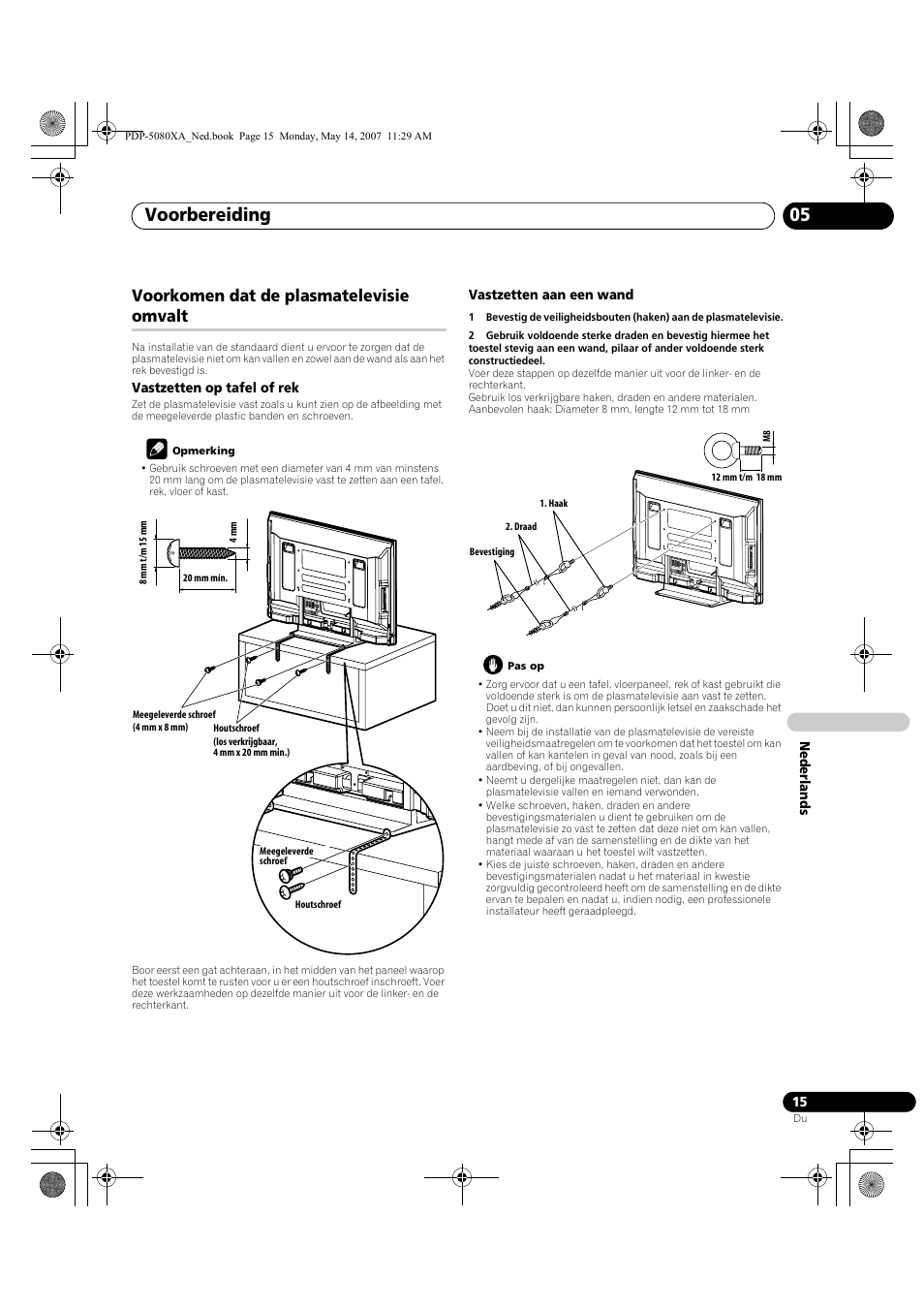 Voorbereiding 05, Voorkomen dat de plasmatelevisie omvalt | Pioneer PDP-4280XA User Manual | Page 255 / 364