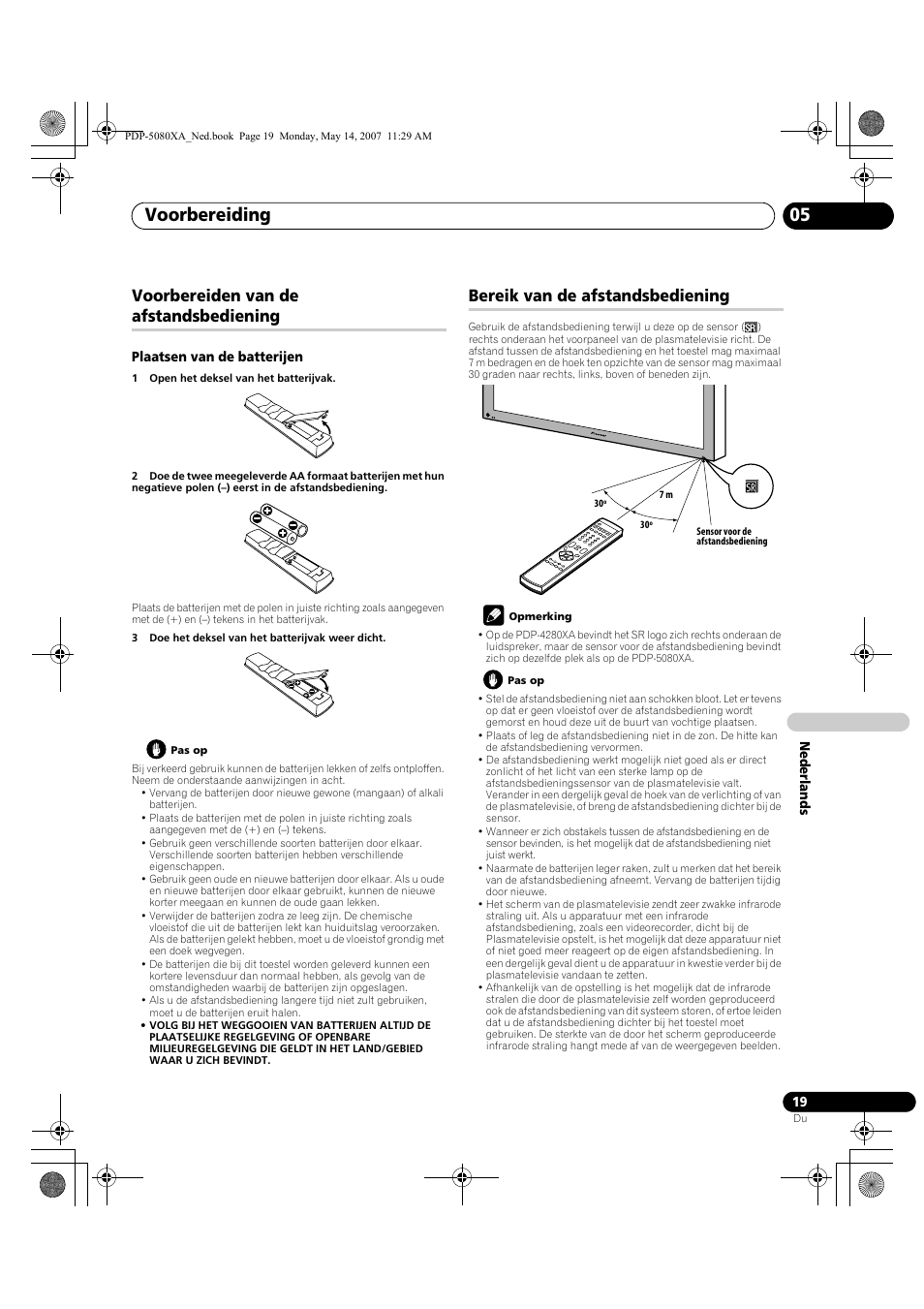 Voorbereiding 05, Voorbereiden van de afstandsbediening, Bereik van de afstandsbediening | Pioneer PDP-4280XA User Manual | Page 259 / 364