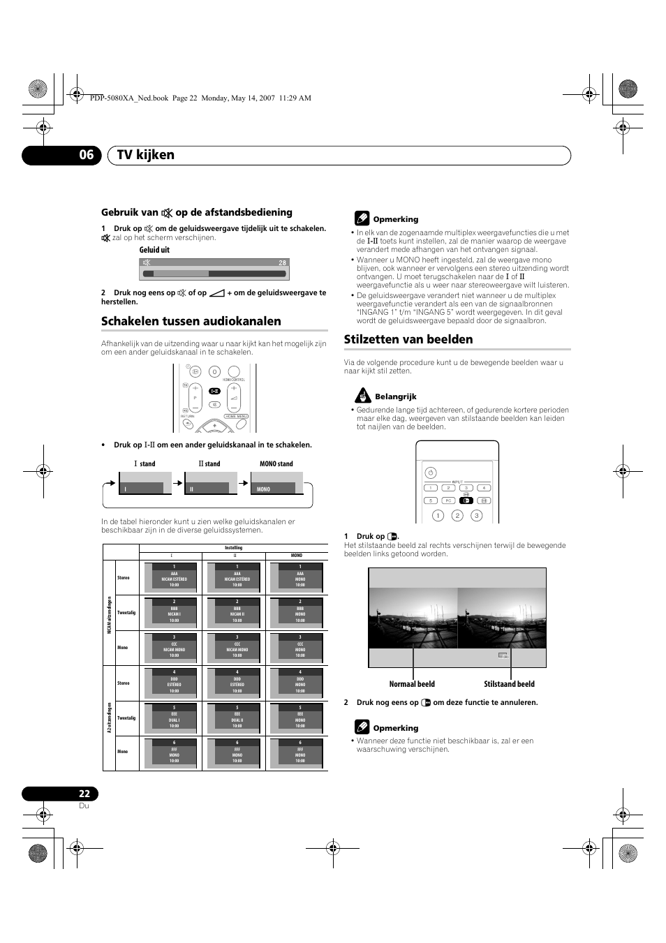 Tv kijken 06, Schakelen tussen audiokanalen, Stilzetten van beelden | Gebruik van e op de afstandsbediening, Geluid uit, Normaal beeld stilstaand beeld | Pioneer PDP-4280XA User Manual | Page 262 / 364
