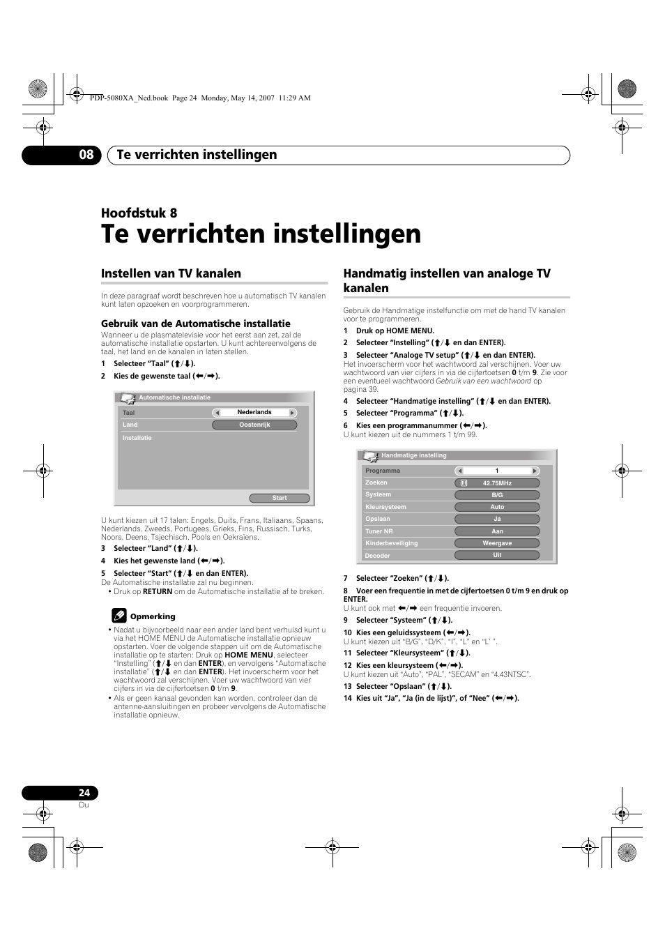 Te verrichten instellingen, Te verrichten instellingen 08, Hoofdstuk 8 | Instellen van tv kanalen, Handmatig instellen van analoge tv kanalen | Pioneer PDP-4280XA User Manual | Page 264 / 364