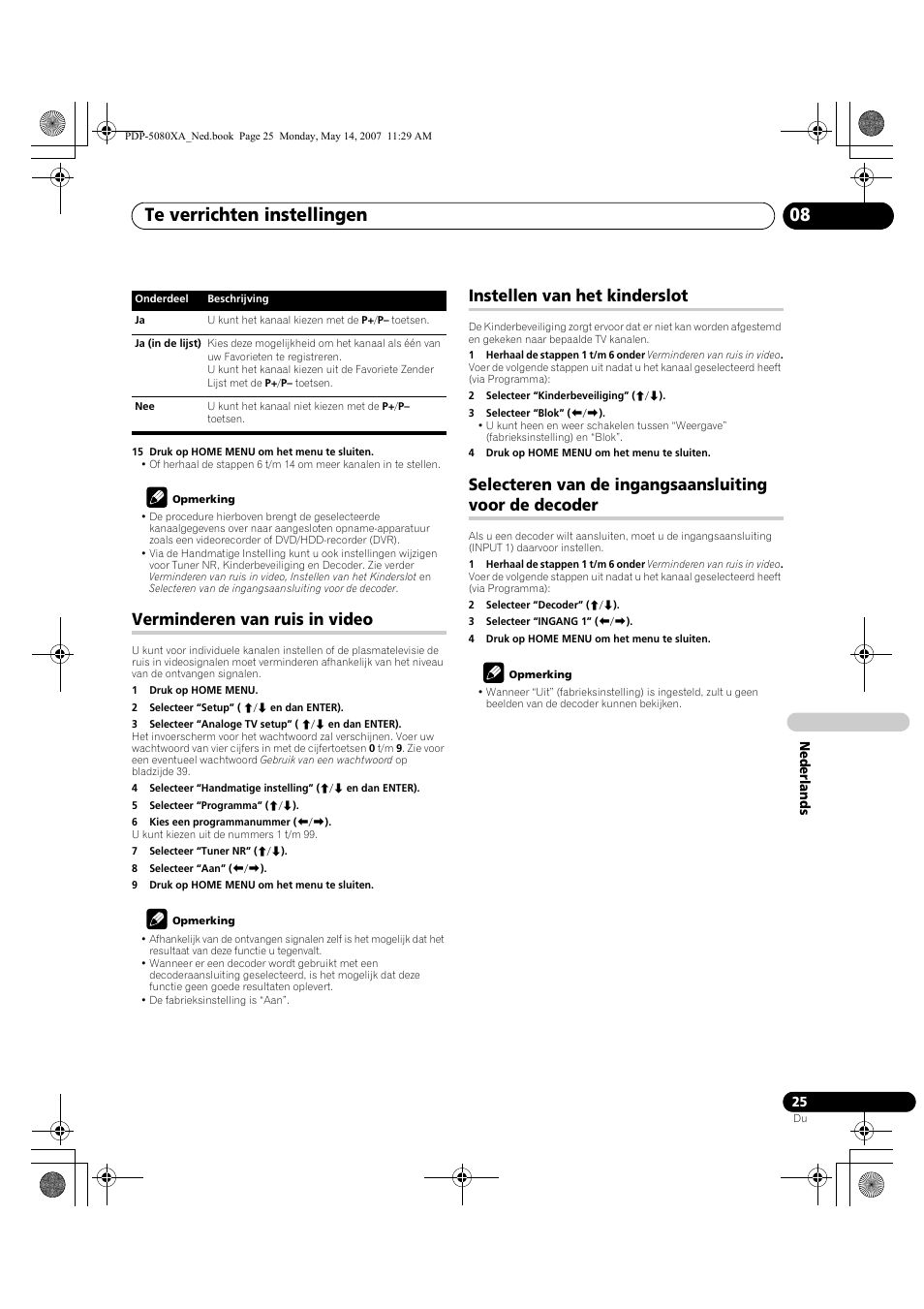 Te verrichten instellingen 08, Verminderen van ruis in video, Instellen van het kinderslot | Pioneer PDP-4280XA User Manual | Page 265 / 364