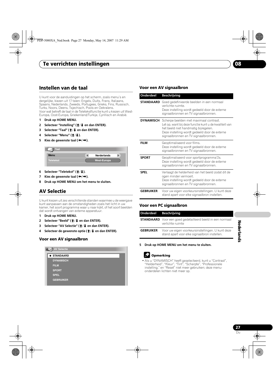 Te verrichten instellingen 08, Instellen van de taal, Av selectie | Pioneer PDP-4280XA User Manual | Page 267 / 364