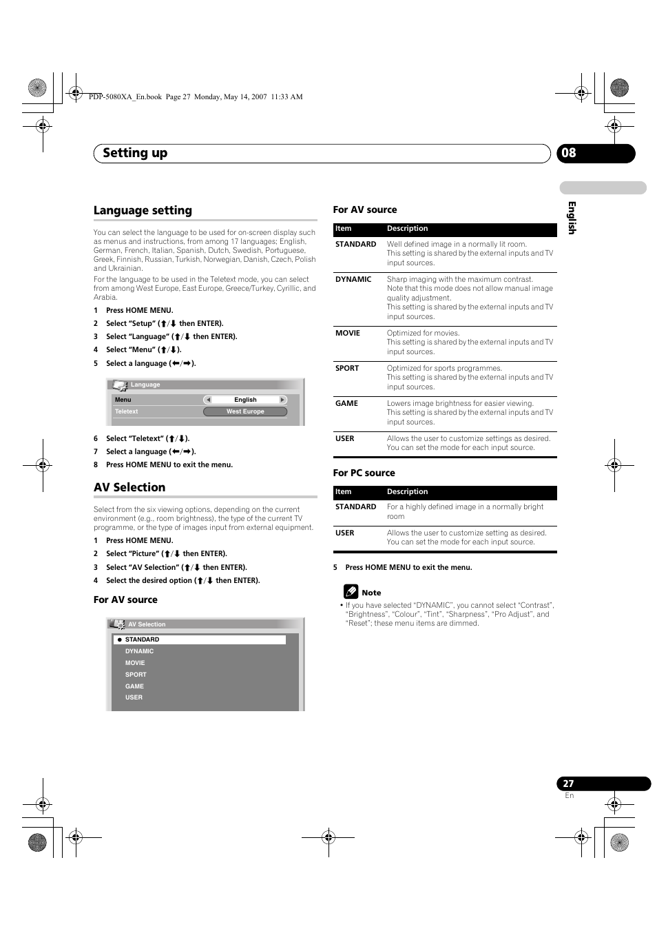 Setting up 08, Language setting, Av selection | Pioneer PDP-4280XA User Manual | Page 27 / 364