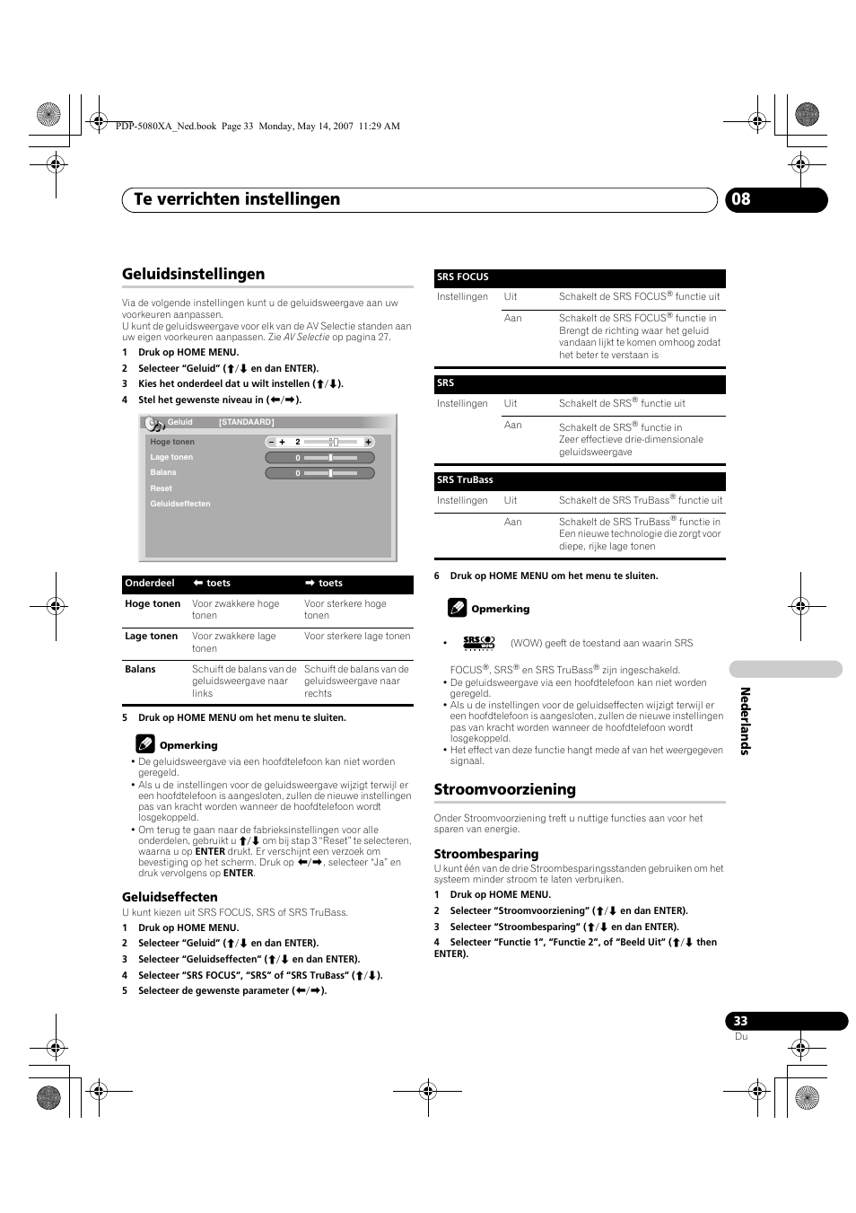 Te verrichten instellingen 08, Geluidsinstellingen, Stroomvoorziening | Pioneer PDP-4280XA User Manual | Page 273 / 364