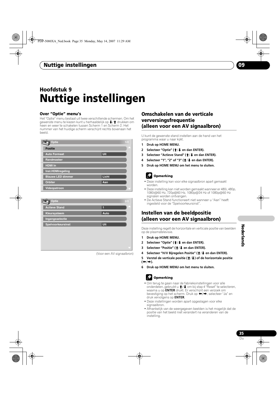 Nuttige instellingen, Nuttige instellingen 09, Hoofdstuk 9 | Pioneer PDP-4280XA User Manual | Page 275 / 364