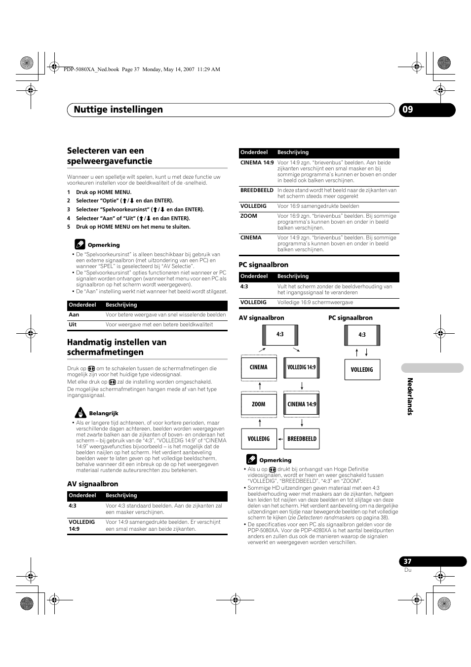 Nuttige instellingen 09, Selecteren van een spelweergavefunctie, Handmatig instellen van schermafmetingen | Pioneer PDP-4280XA User Manual | Page 277 / 364