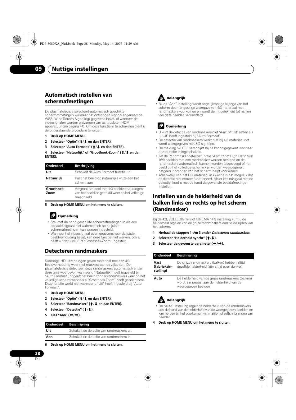 Nuttige instellingen 09, Automatisch instellen van schermafmetingen, Detecteren randmaskers | Pioneer PDP-4280XA User Manual | Page 278 / 364