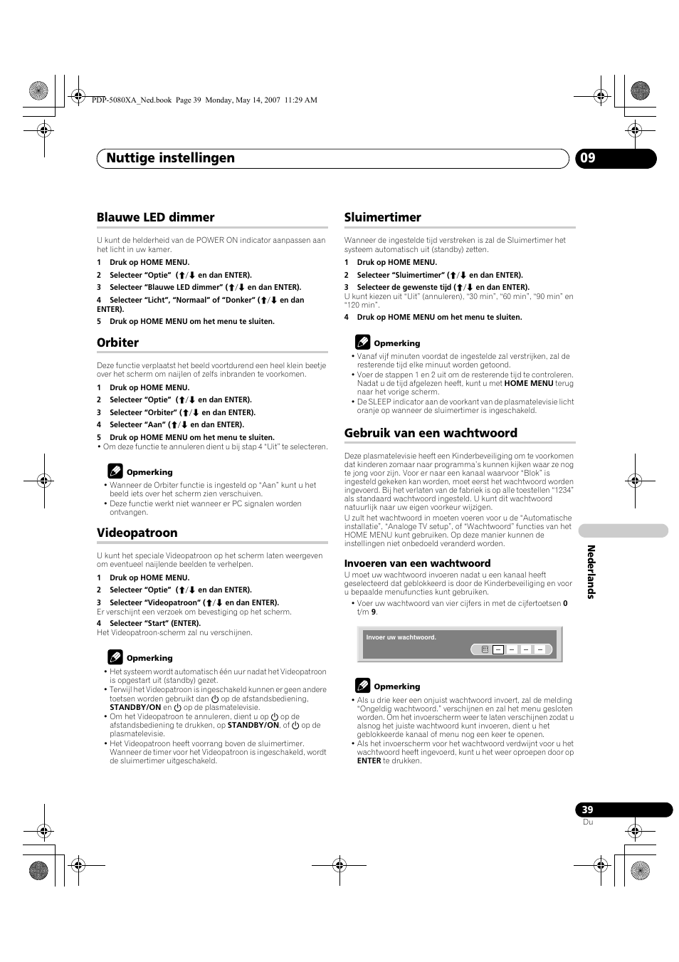 Nuttige instellingen 09, Blauwe led dimmer, Orbiter | Videopatroon, Sluimertimer, Gebruik van een wachtwoord | Pioneer PDP-4280XA User Manual | Page 279 / 364