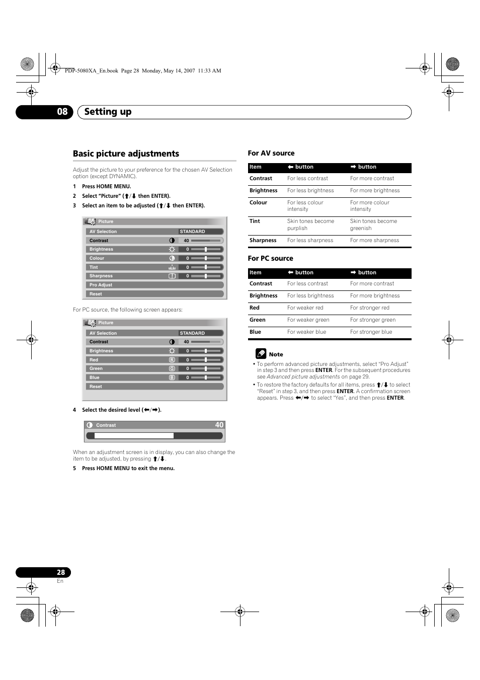 Setting up 08, Basic picture adjustments, For av source for pc source | Pioneer PDP-4280XA User Manual | Page 28 / 364