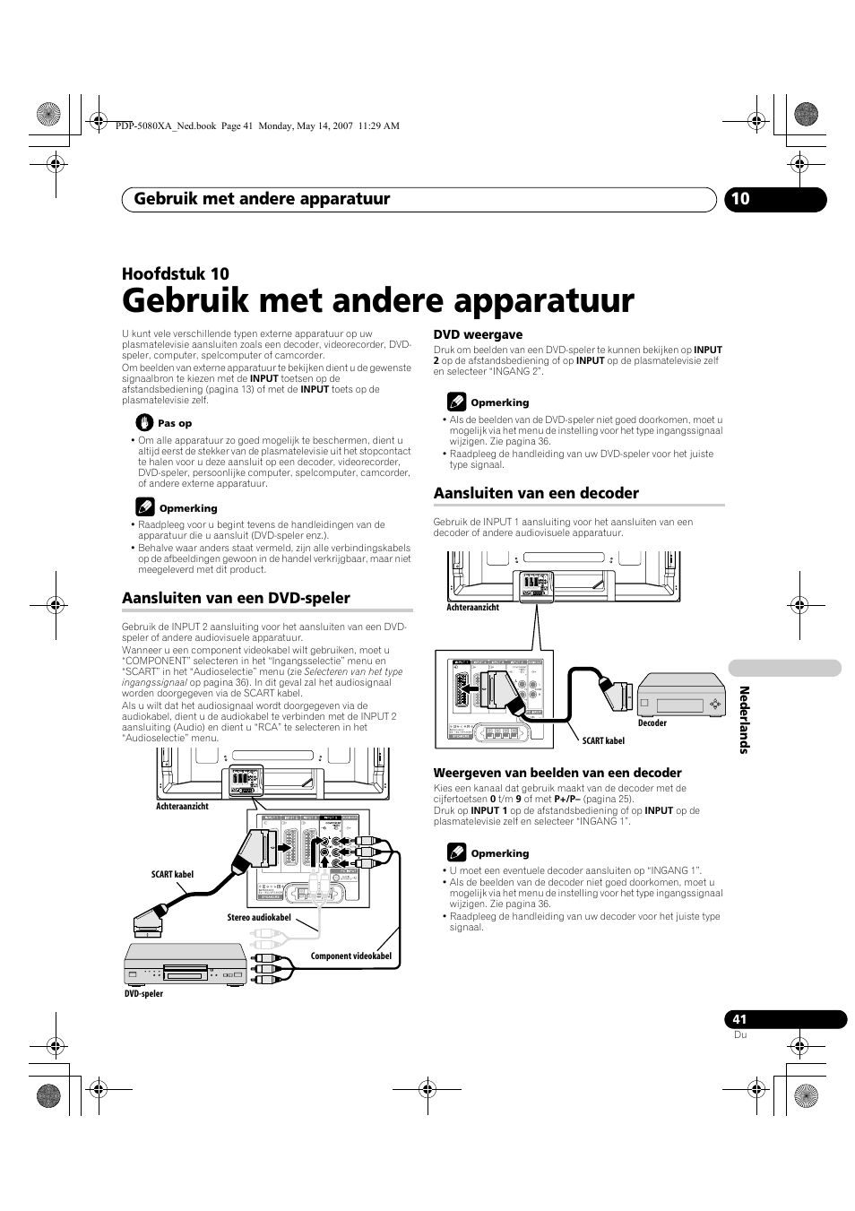 Gebruik met andere apparatuur, Gebruik met andere apparatuur 10, Hoofdstuk 10 | Aansluiten van een dvd-speler, Aansluiten van een decoder | Pioneer PDP-4280XA User Manual | Page 281 / 364