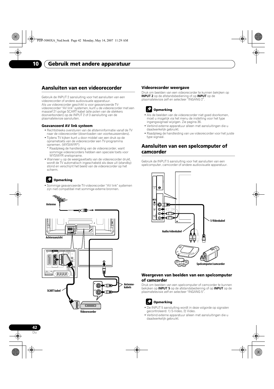 Gebruik met andere apparatuur 10, Aansluiten van een videorecorder, Aansluiten van een spelcomputer of camcorder | Pioneer PDP-4280XA User Manual | Page 282 / 364
