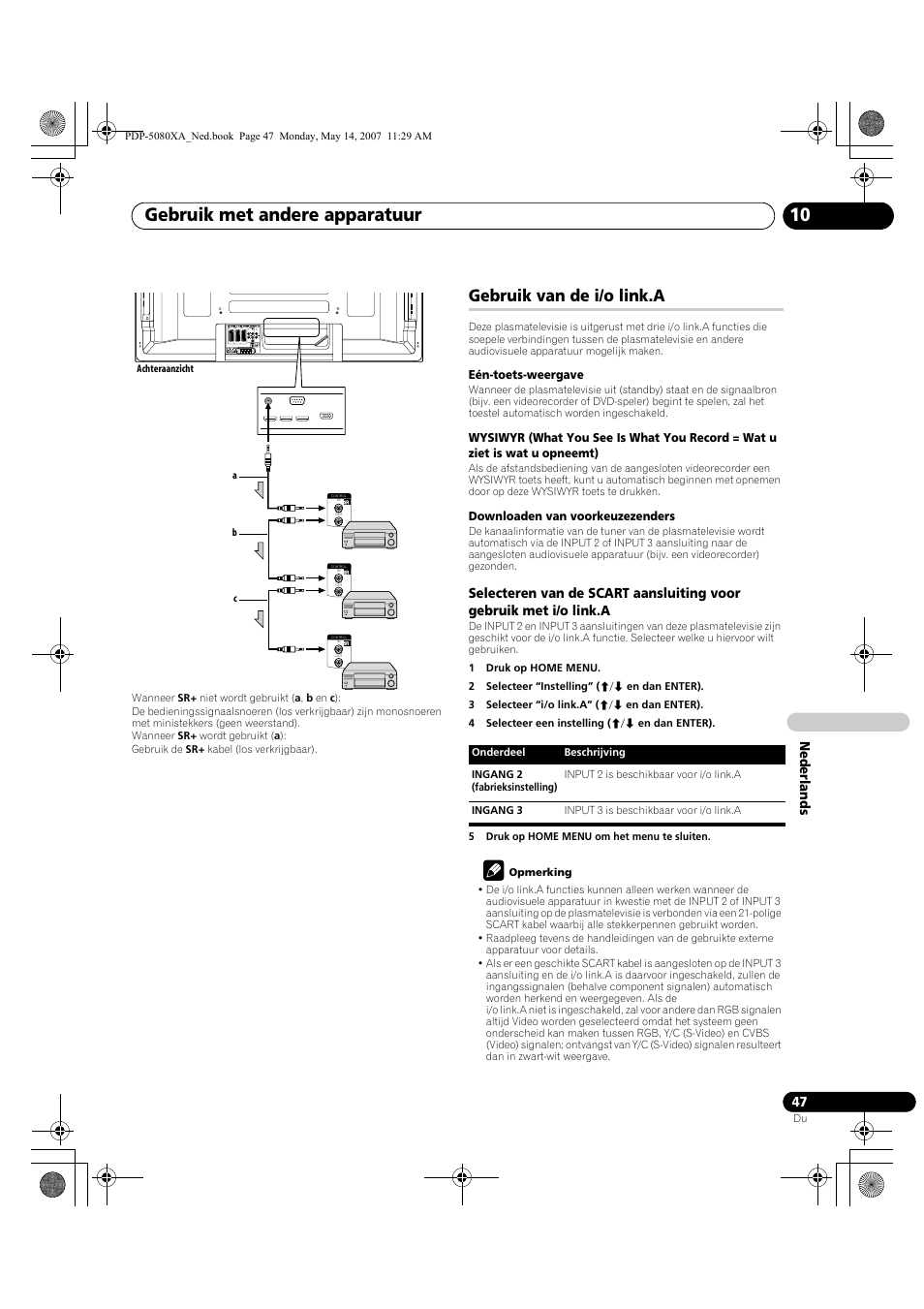 Gebruik met andere apparatuur 10, Gebruik van de i/o link.a, Nederlands | Pioneer PDP-4280XA User Manual | Page 287 / 364