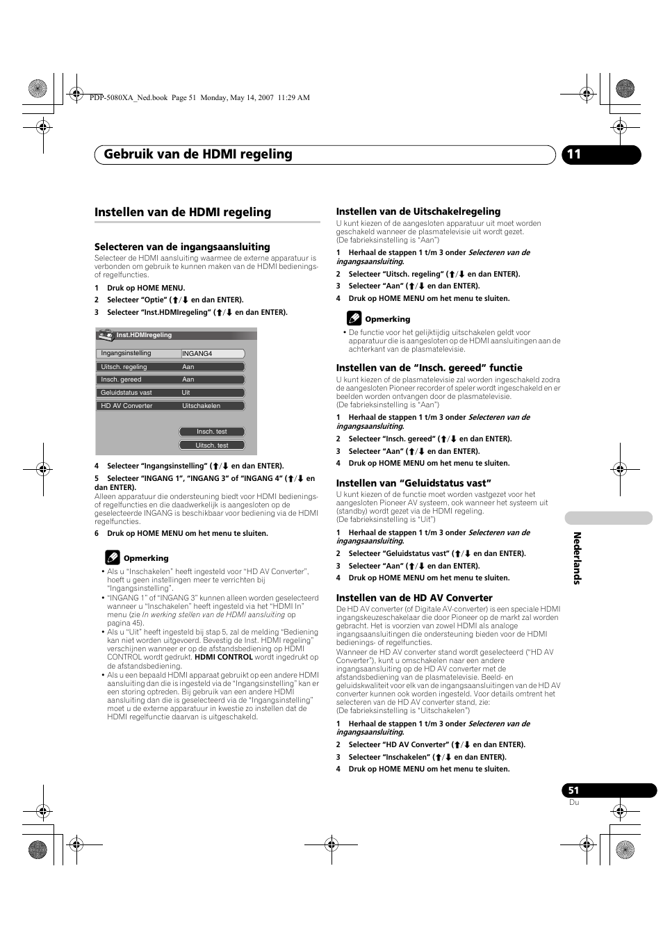 Gebruik van de hdmi regeling 11, Instellen van de hdmi regeling | Pioneer PDP-4280XA User Manual | Page 291 / 364