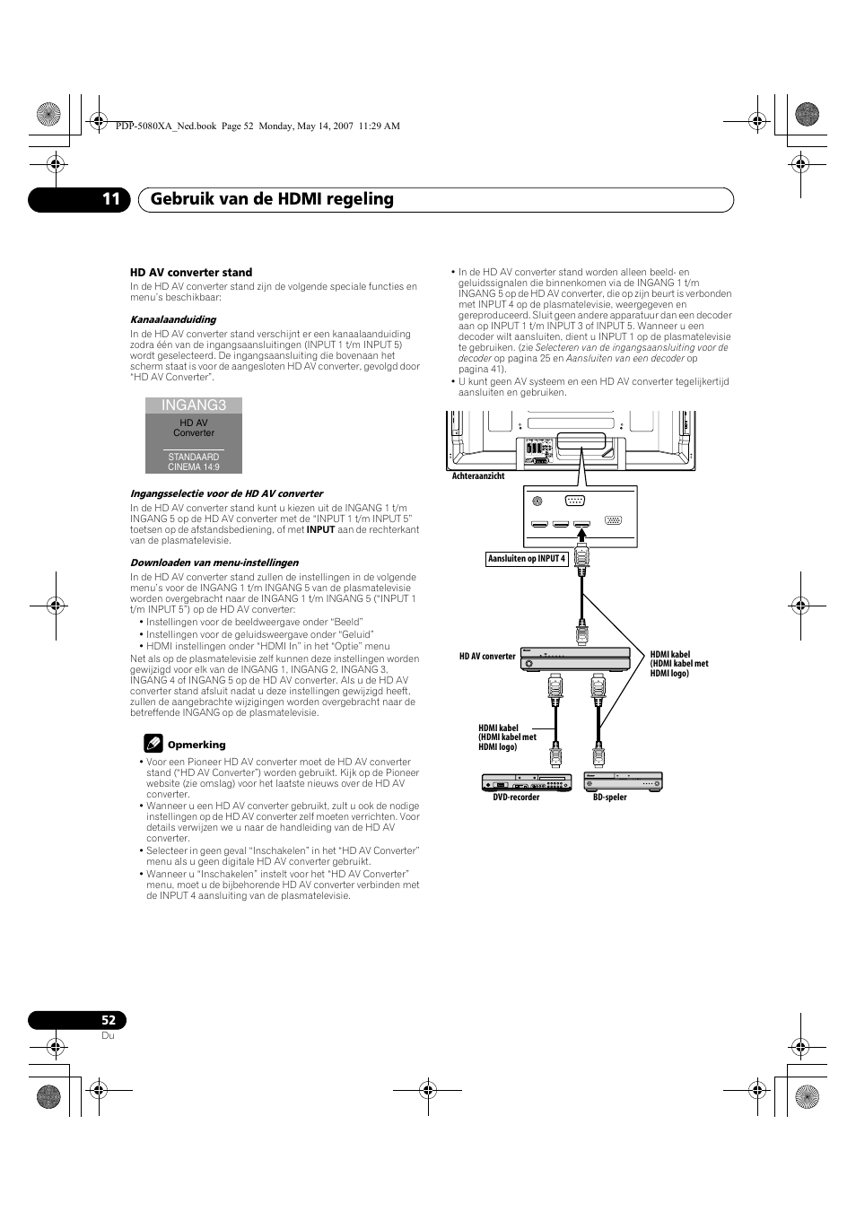 Gebruik van de hdmi regeling 11, Ingang3 | Pioneer PDP-4280XA User Manual | Page 292 / 364