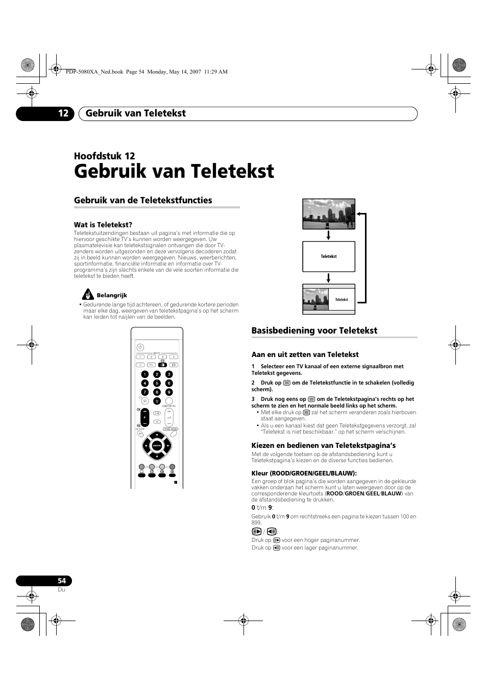 Gebruik van teletekst, Gebruik van teletekst 12, Hoofdstuk 12 | Gebruik van de teletekstfuncties, Basisbediening voor teletekst | Pioneer PDP-4280XA User Manual | Page 294 / 364
