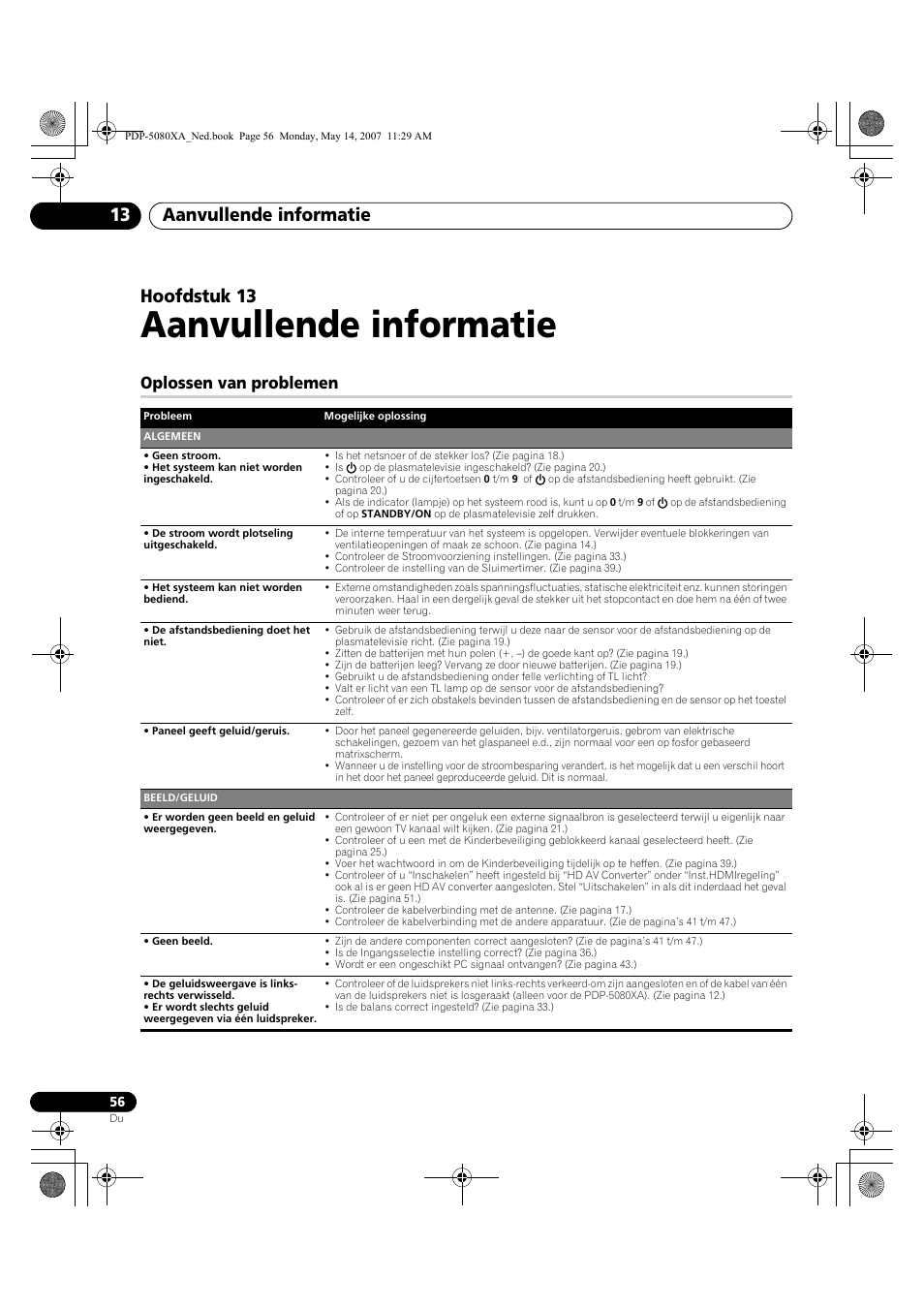 Aanvullende informatie, Aanvullende informatie 13, Hoofdstuk 13 | Oplossen van problemen | Pioneer PDP-4280XA User Manual | Page 296 / 364