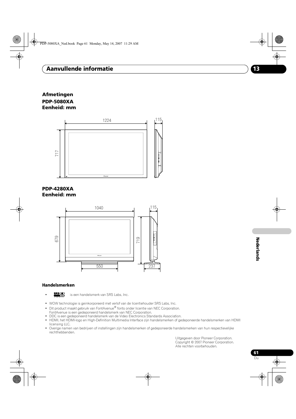 Aanvullende informatie 13 | Pioneer PDP-4280XA User Manual | Page 301 / 364