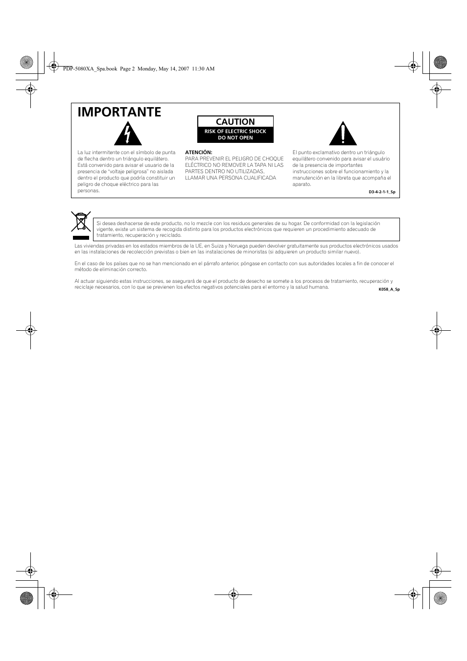 Importante, Caution | Pioneer PDP-4280XA User Manual | Page 302 / 364