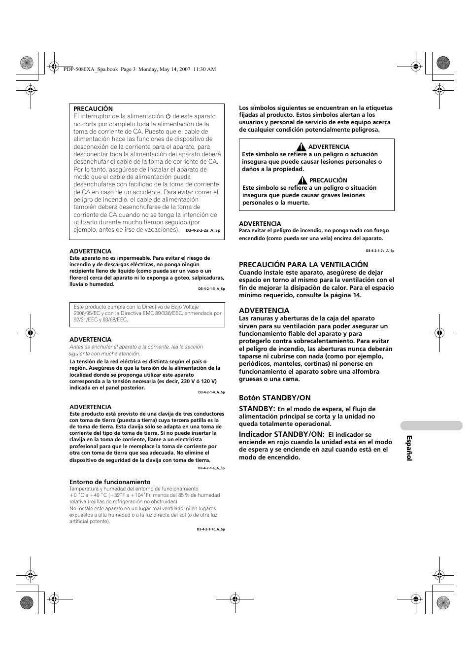 Precaución para la ventilación, Advertencia, Botón standby/on standby | Indicador standby/on | Pioneer PDP-4280XA User Manual | Page 303 / 364