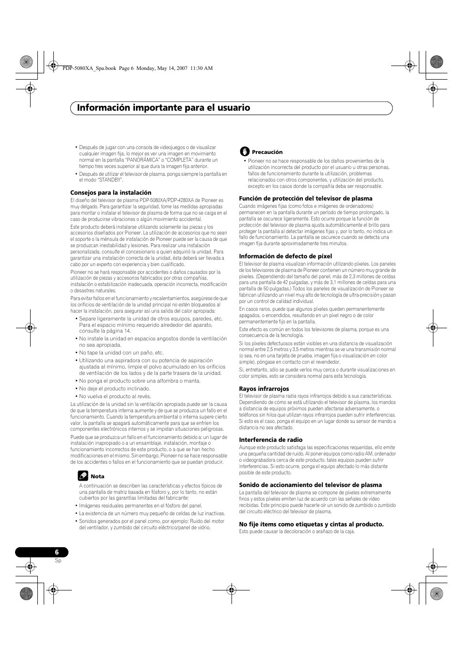 Información importante para el usuario | Pioneer PDP-4280XA User Manual | Page 306 / 364