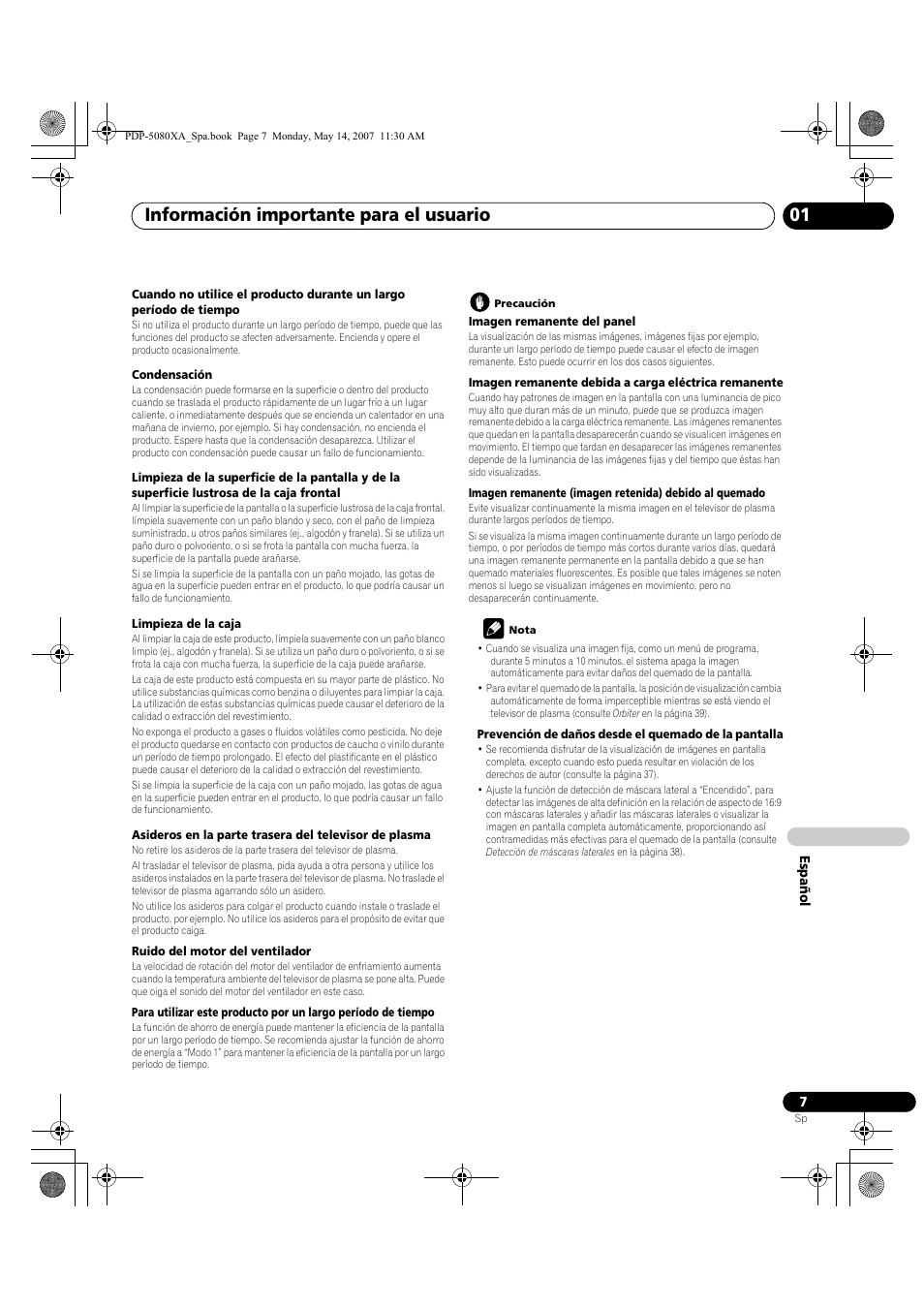 Información importante para el usuario | Pioneer PDP-4280XA User Manual | Page 307 / 364