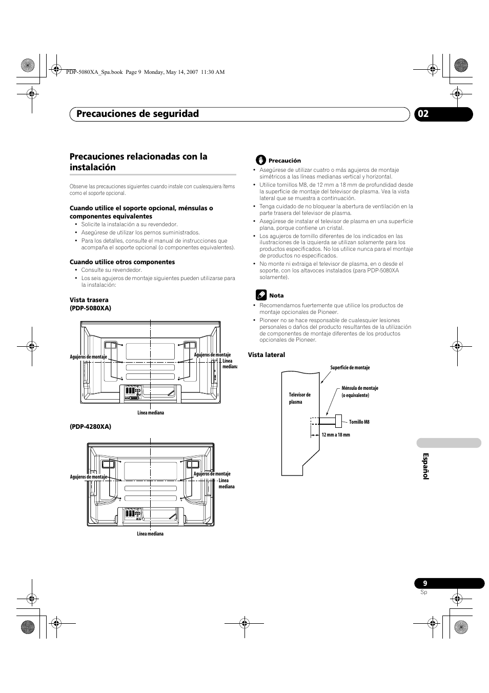 Precauciones de seguridad 02, Precauciones relacionadas con la instalación | Pioneer PDP-4280XA User Manual | Page 309 / 364