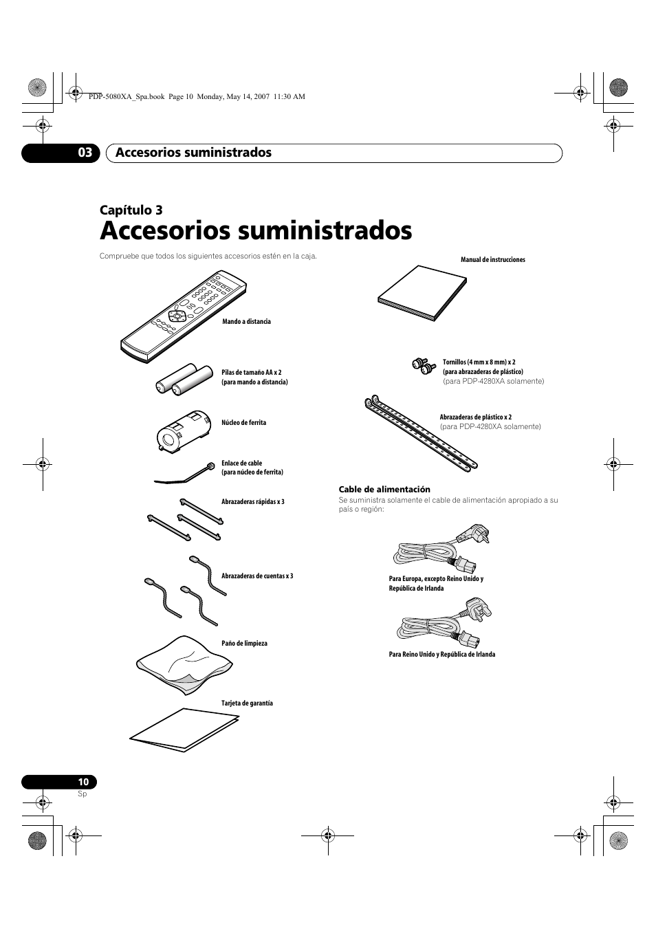 Accesorios suministrados, Accesorios suministrados 03, Capítulo 3 | Pioneer PDP-4280XA User Manual | Page 310 / 364