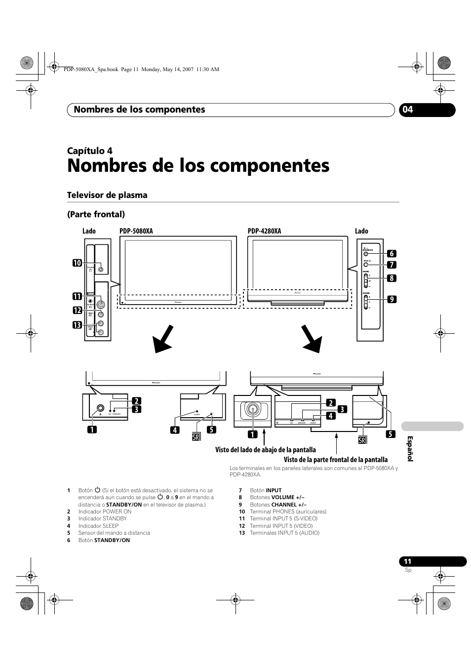 Nombres de los componentes, Nombres de los componentes 04, Capítulo 4 | Televisor de plasma (parte frontal) | Pioneer PDP-4280XA User Manual | Page 311 / 364