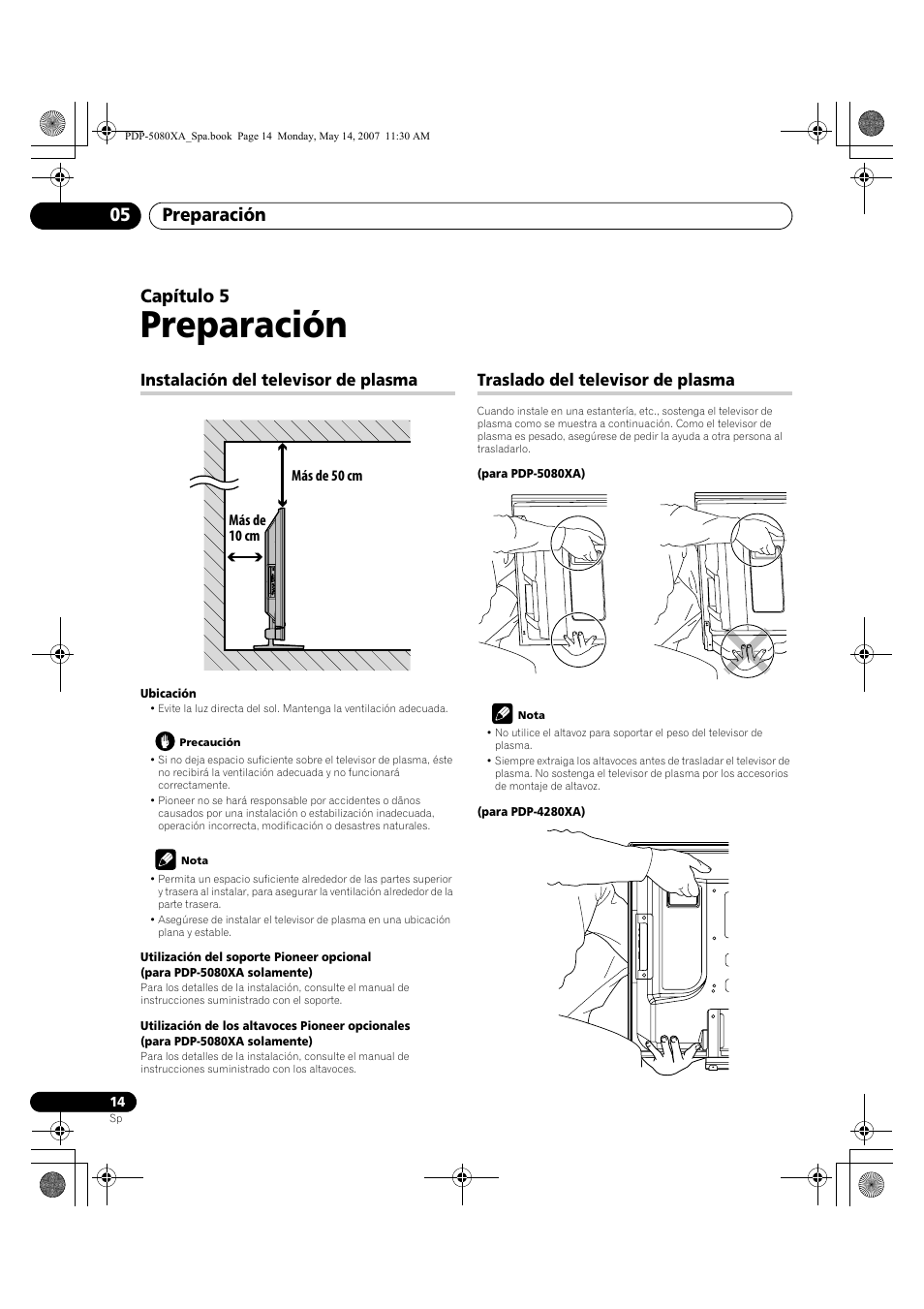 Preparación, Preparación 05, Capítulo 5 | Instalación del televisor de plasma, Traslado del televisor de plasma | Pioneer PDP-4280XA User Manual | Page 314 / 364