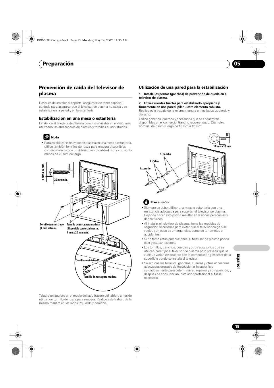 Preparación 05, Prevención de caída del televisor de plasma | Pioneer PDP-4280XA User Manual | Page 315 / 364