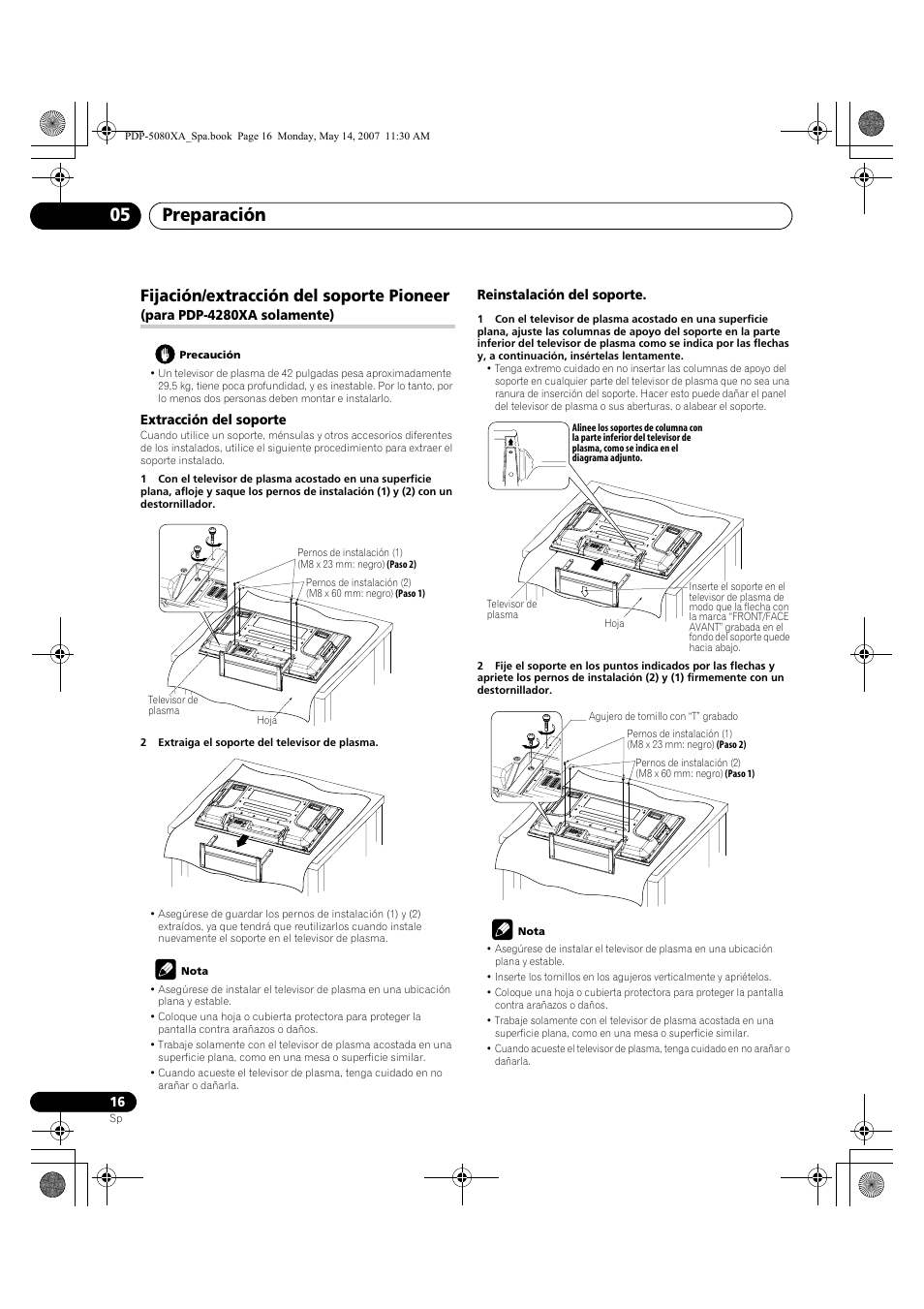 Preparación 05, Fijación/extracción del soporte pioneer | Pioneer PDP-4280XA User Manual | Page 316 / 364