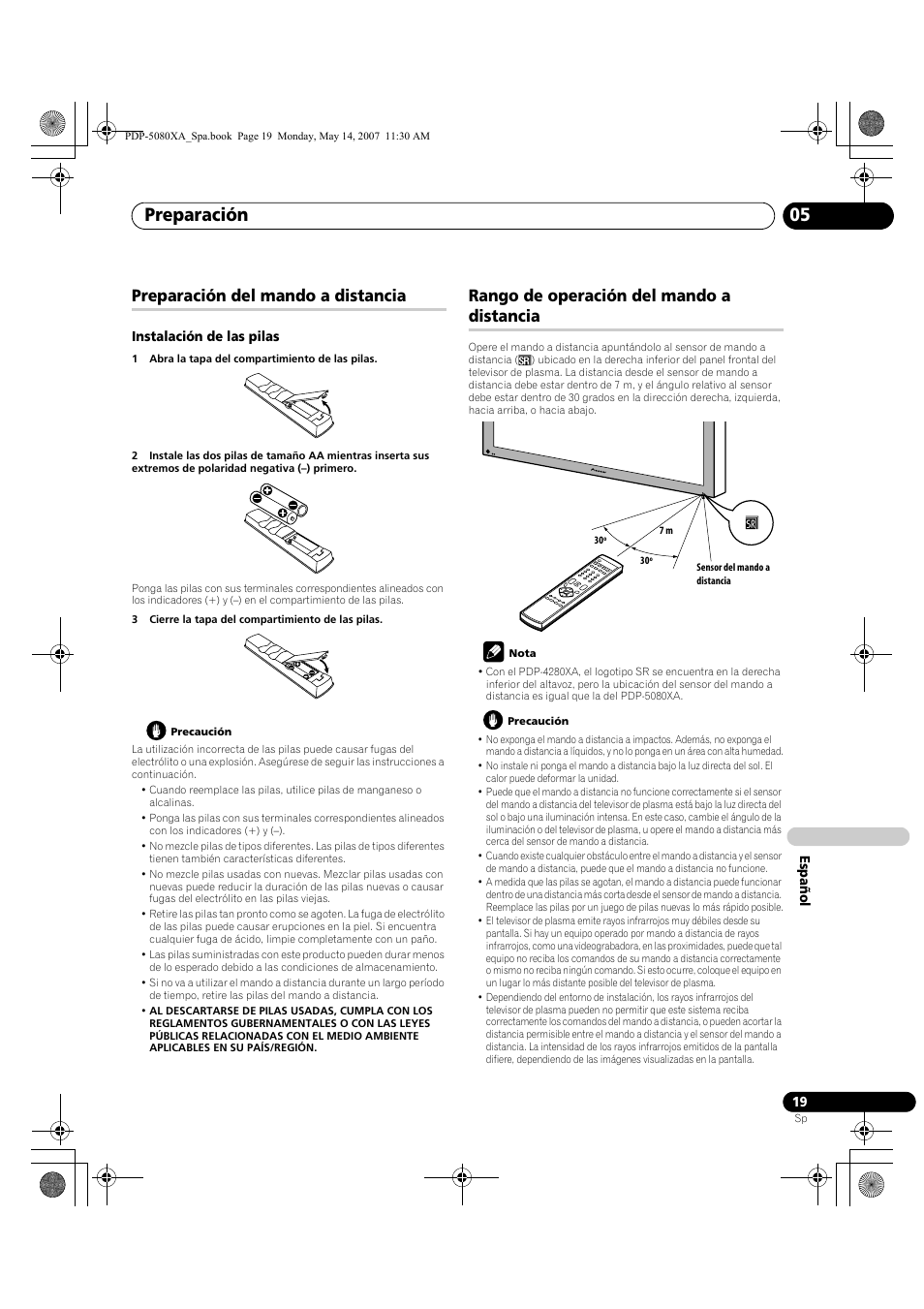 Preparación 05, Preparación del mando a distancia, Rango de operación del mando a distancia | Pioneer PDP-4280XA User Manual | Page 319 / 364