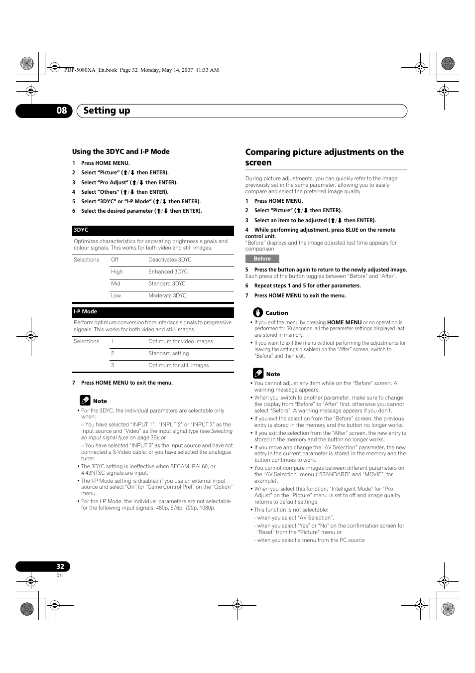 Setting up 08, Comparing picture adjustments on the screen | Pioneer PDP-4280XA User Manual | Page 32 / 364