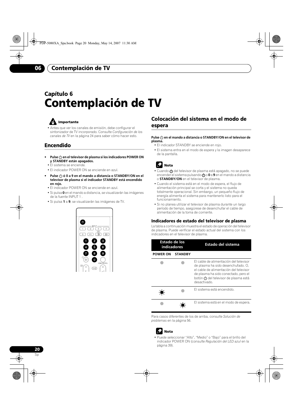 Contemplación de tv, Contemplación de tv 06, Capítulo 6 | Encendido, Colocación del sistema en el modo de espera | Pioneer PDP-4280XA User Manual | Page 320 / 364