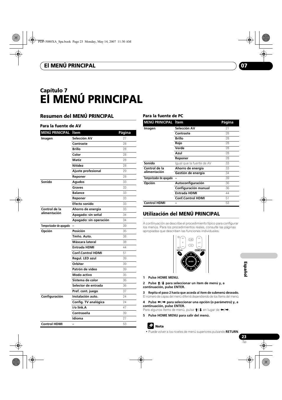 El menú principal, El menú principal 07, Capítulo 7 | Resumen del menú principal, Utilización del menú principal | Pioneer PDP-4280XA User Manual | Page 323 / 364