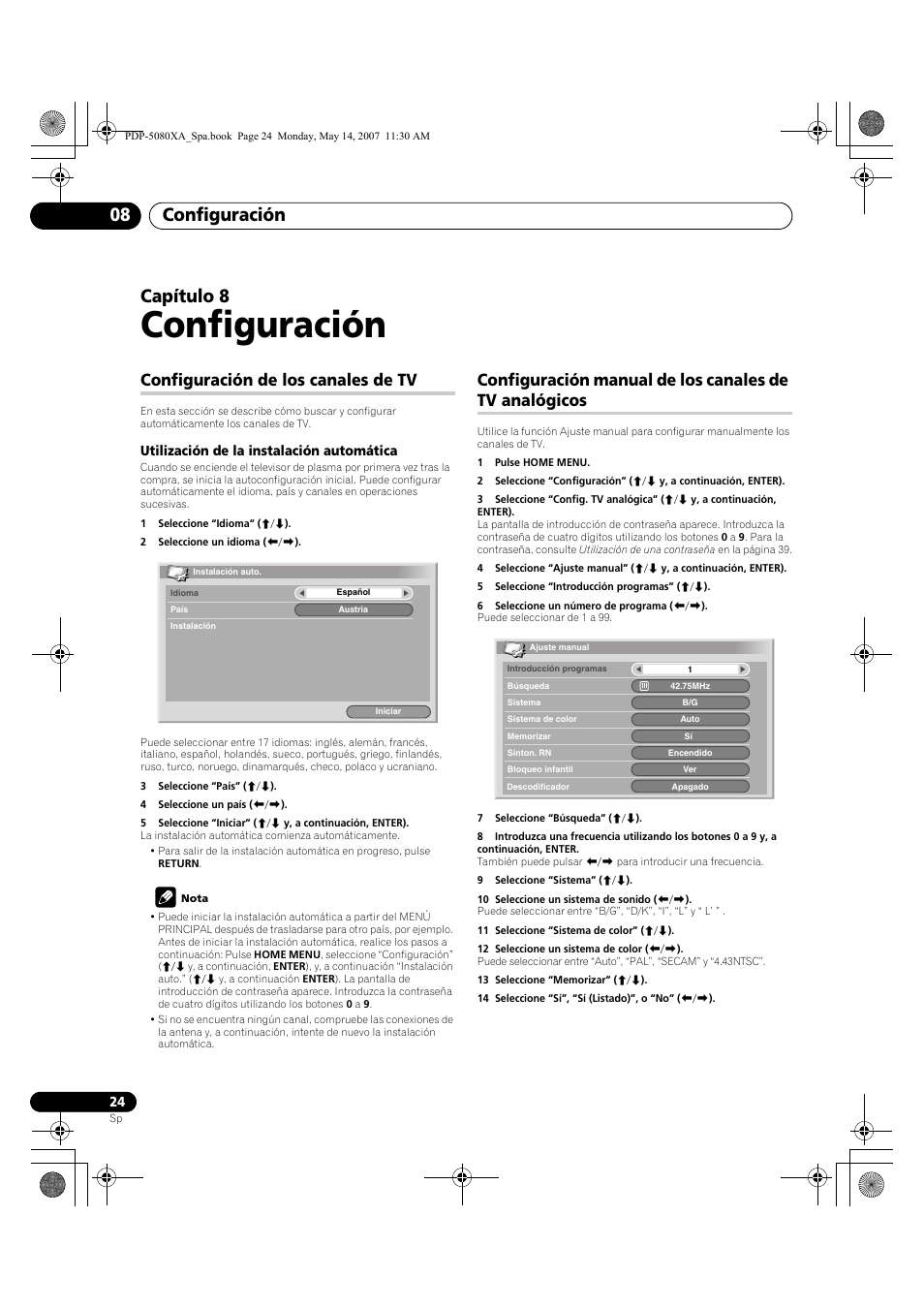 Configuración, Configuración 08, Capítulo 8 | Configuración de los canales de tv | Pioneer PDP-4280XA User Manual | Page 324 / 364