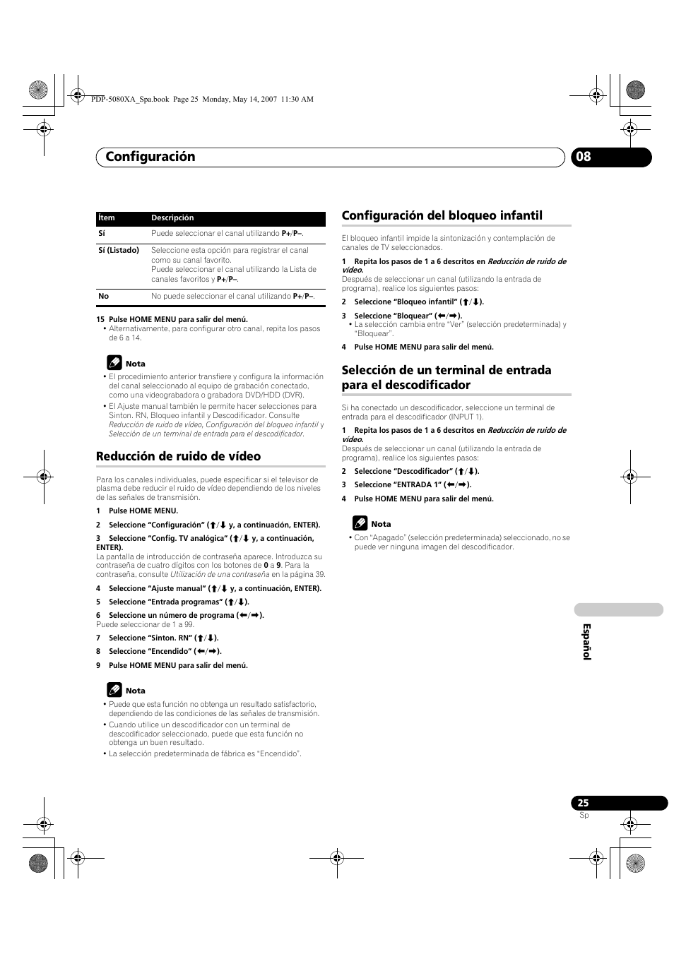 Configuración 08, Reducción de ruido de vídeo, Configuración del bloqueo infantil | Pioneer PDP-4280XA User Manual | Page 325 / 364