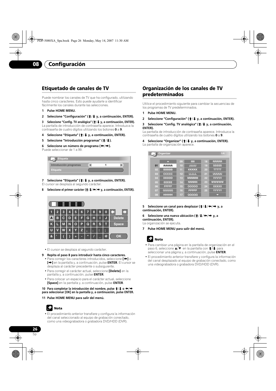 Configuración 08, Etiquetado de canales de tv, Organización de los canales de tv predeterminados | Pioneer PDP-4280XA User Manual | Page 326 / 364