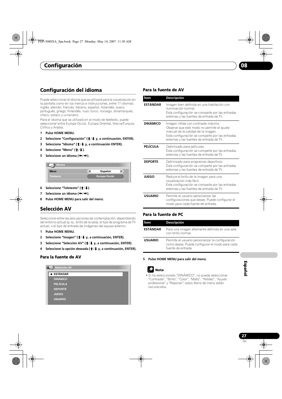 Configuración 08, Configuración del idioma, Selección av | Pioneer PDP-4280XA User Manual | Page 327 / 364