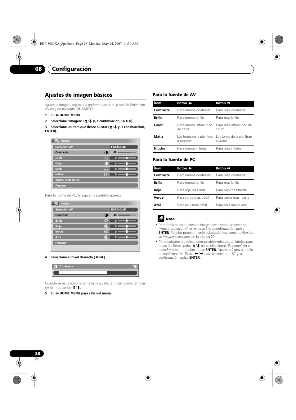 Configuración 08, Ajustes de imagen básicos, Para la fuente de av para la fuente de pc | Pioneer PDP-4280XA User Manual | Page 328 / 364