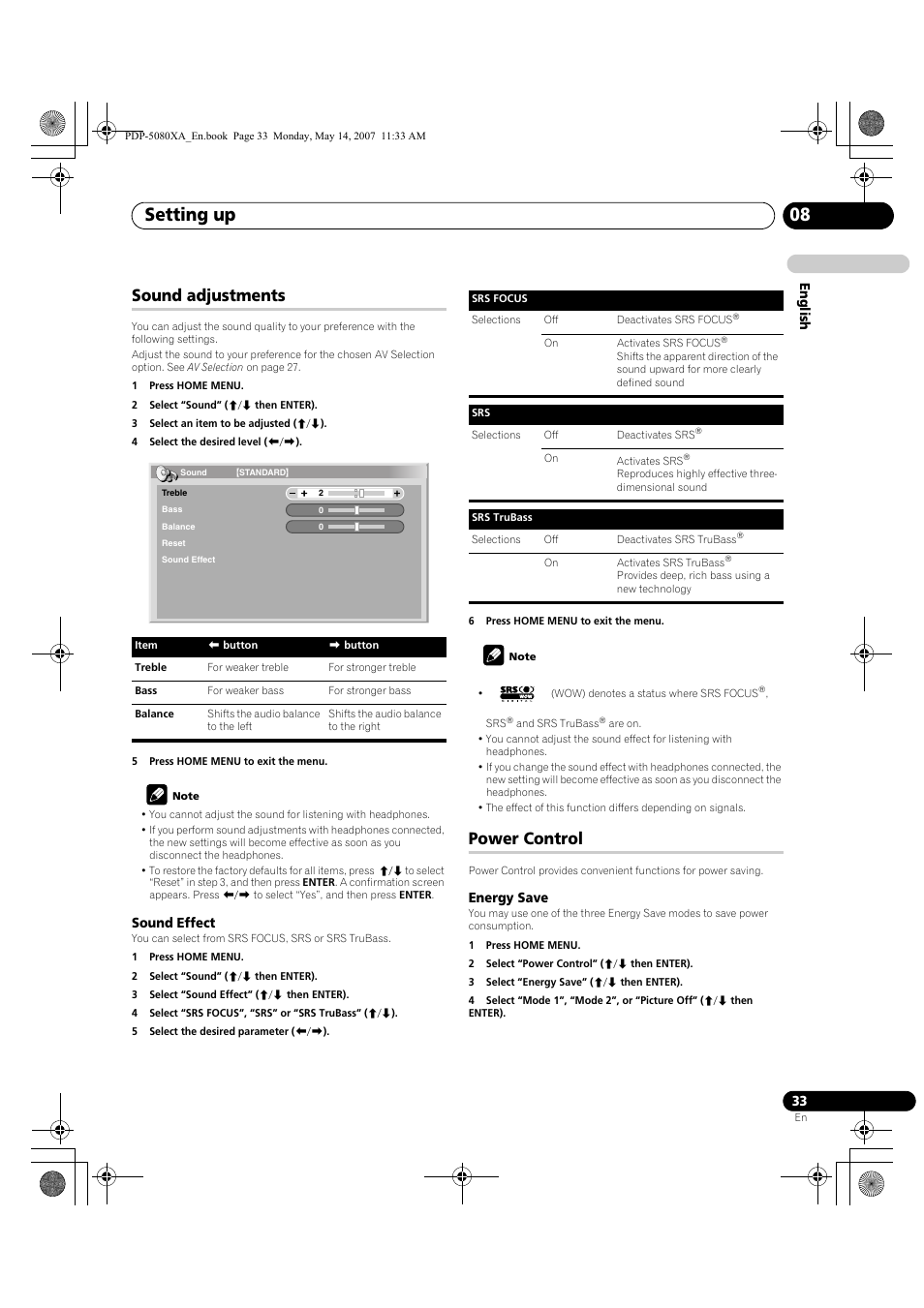 Setting up 08, Sound adjustments, Power control | Pioneer PDP-4280XA User Manual | Page 33 / 364