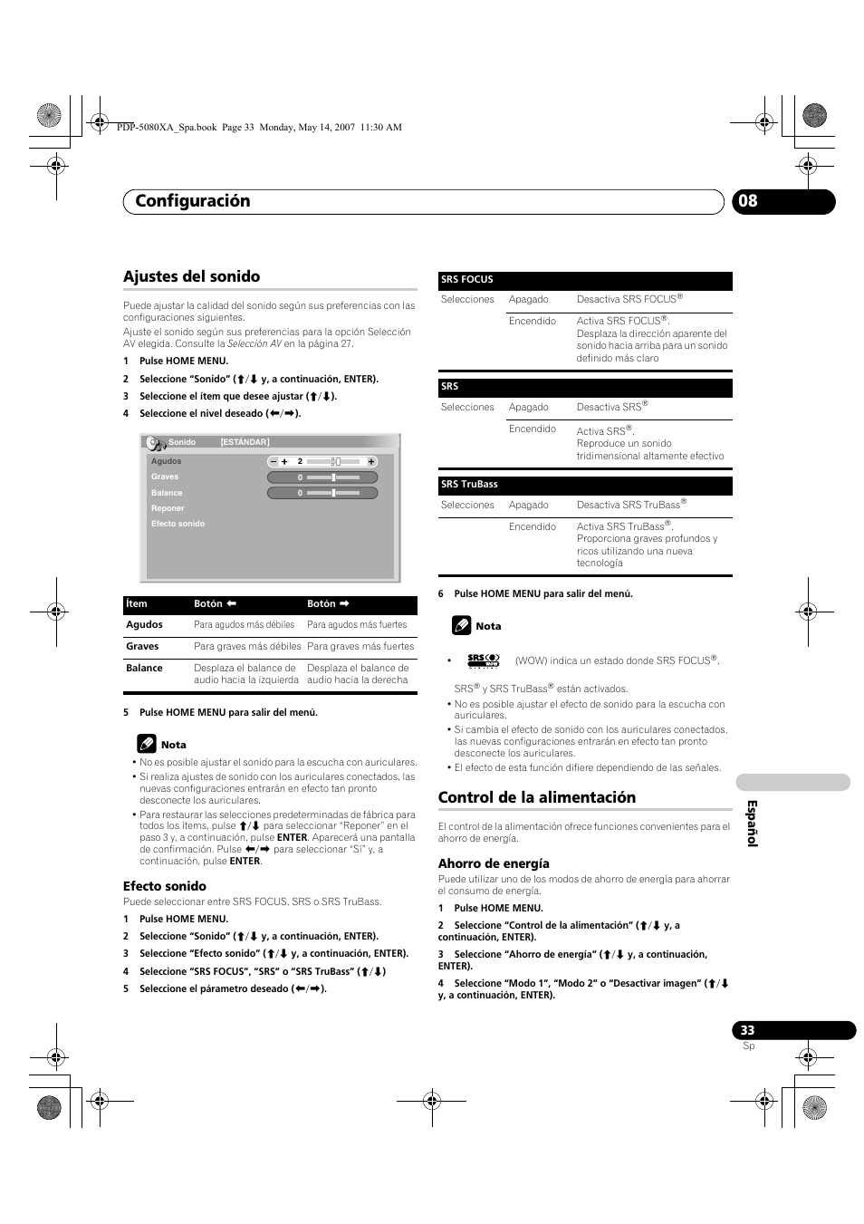 Configuración 08, Ajustes del sonido, Control de la alimentación | Pioneer PDP-4280XA User Manual | Page 333 / 364
