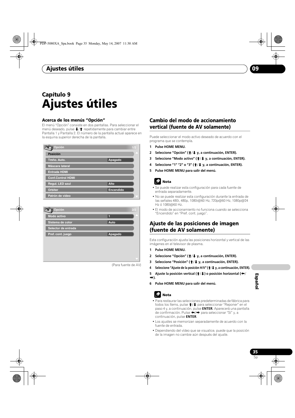 Ajustes útiles, Ajustes útiles 09, Capítulo 9 | Pioneer PDP-4280XA User Manual | Page 335 / 364